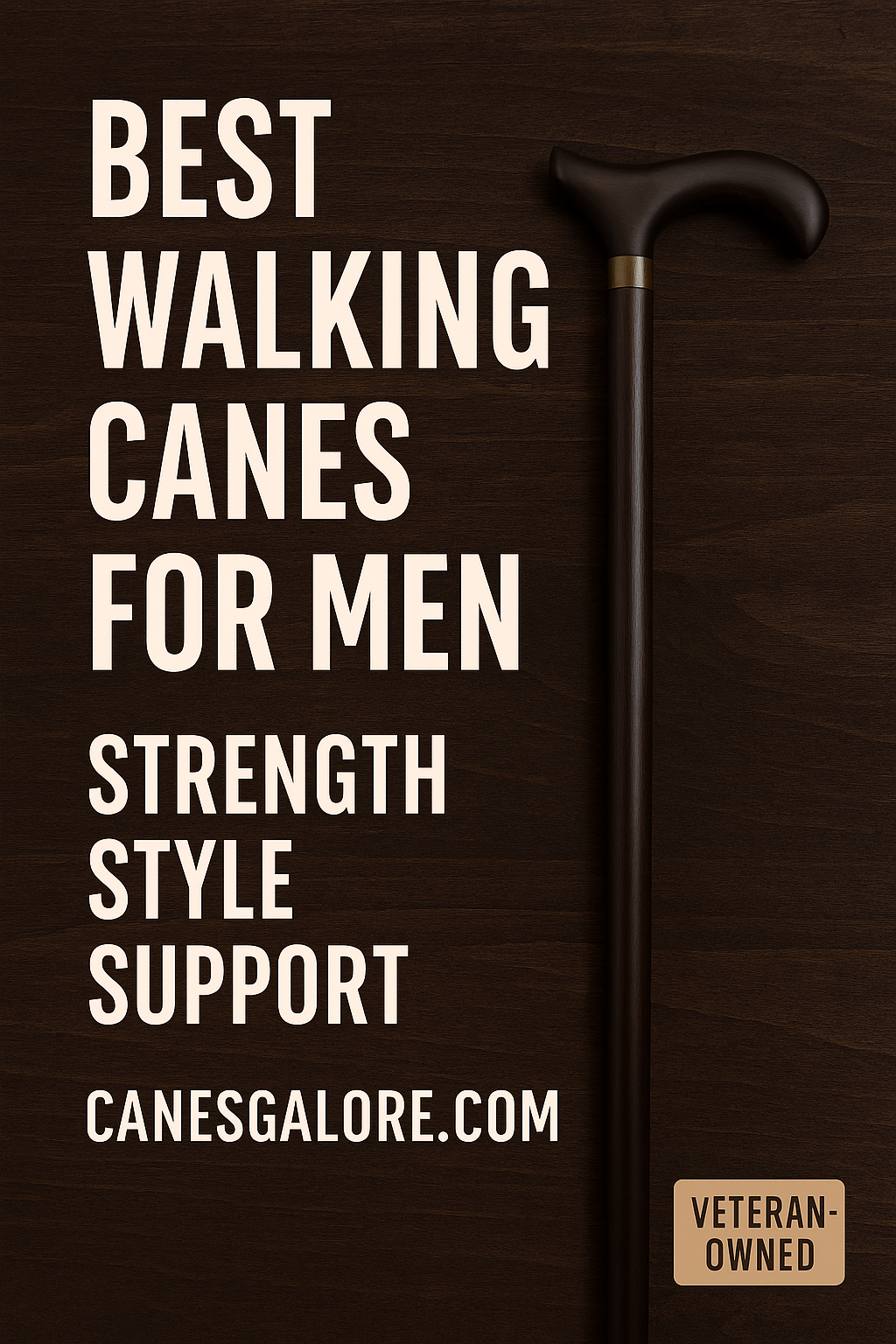 A rugged and stylish men’s walking cane placed against a woodgrain background, with bold text overlay: “Best Walking Canes for Men – Strength • Style • Support – CanesGalore.com”.