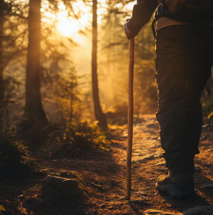 Man exploring a forest trail using a handcrafted rustic hiking staff — symbolizing balance, support, and outdoor confidence with Canes Galore.