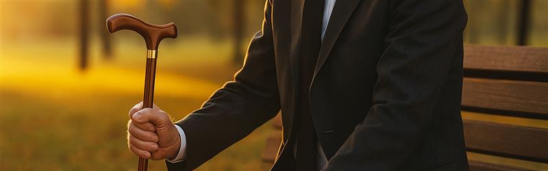 An older gentleman strolls through a peaceful park using a classic wooden walking cane. Dressed in casual, comfortable clothing, he walks confidently along a tree-lined path, surrounded by greenery and soft sunlight.