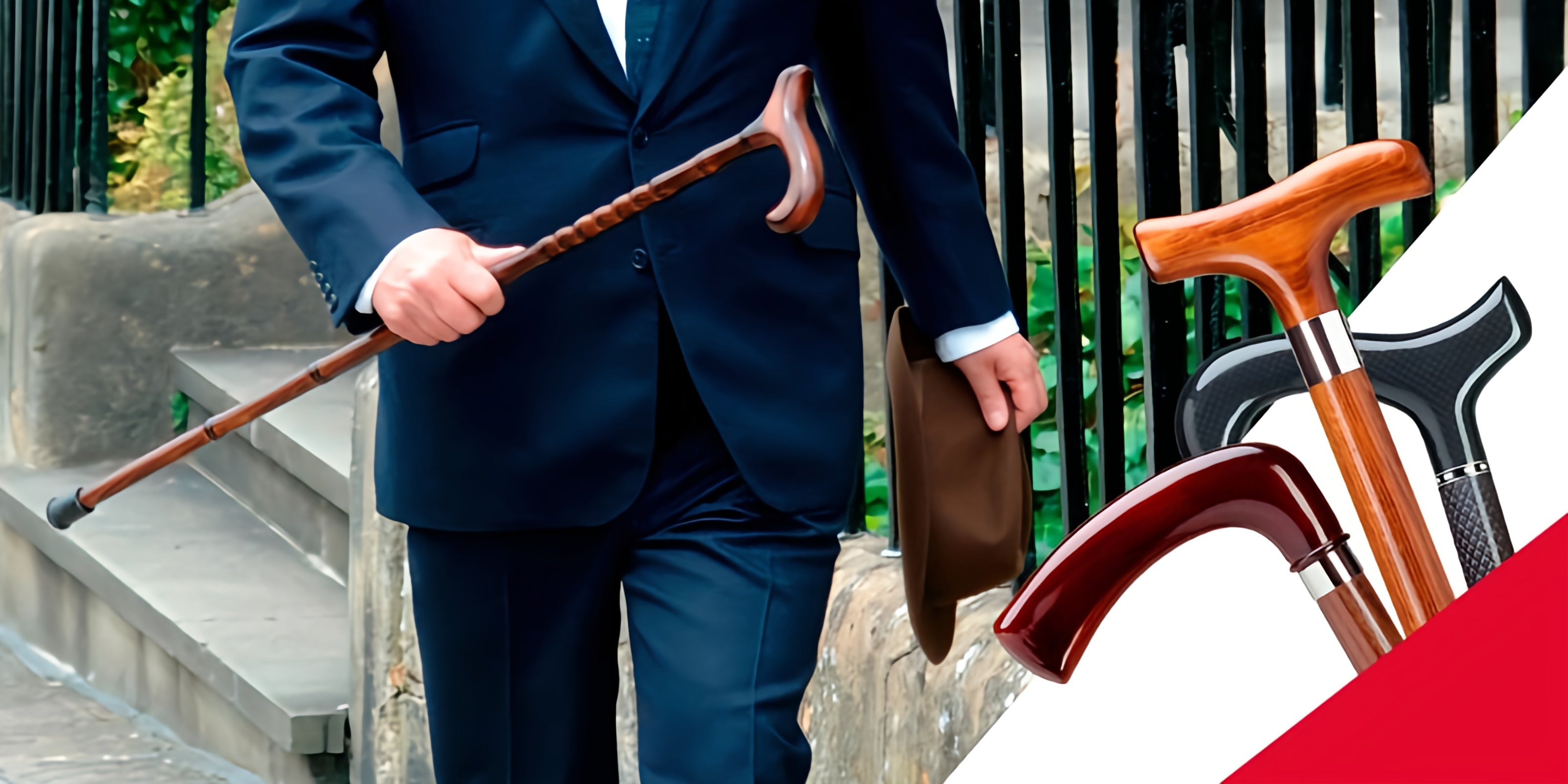 A sharply dressed man in a tailored suit confidently walks with a stylish walking cane from Canes Galore. The scene highlights elegance and mobility, with the cane’s polished wood finish complementing his refined look, set against an urban or upscale backdrop.