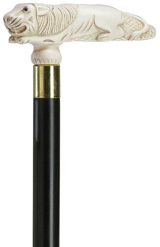 Antique Lion Walking Stick, black hardwood shaft 36
