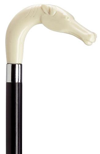 Horse Head "L" shape Ivory Walking Cane on Black shaft 36" - Canes Galore