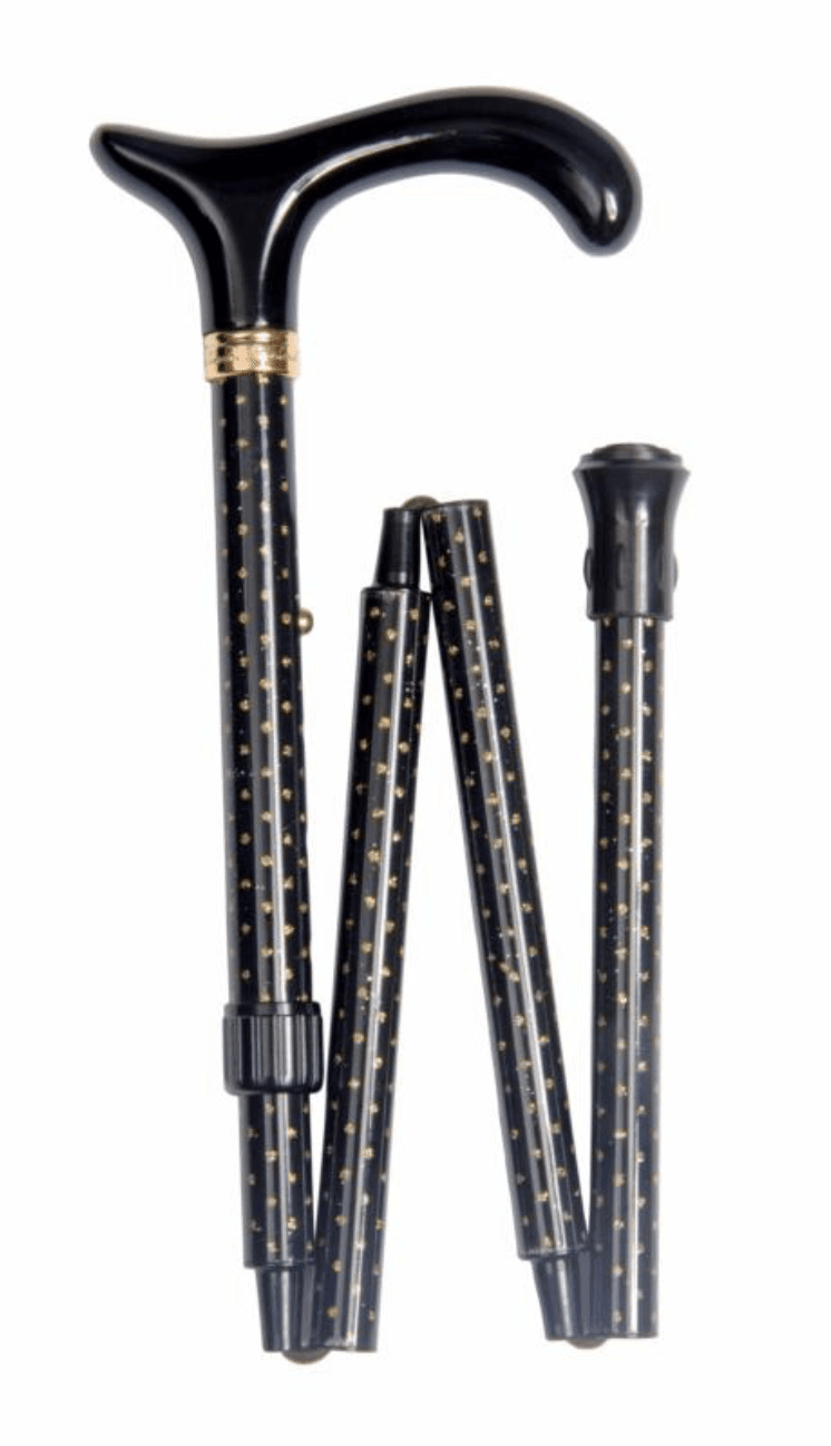 FOLDING GLITTERATI DERBY, BLACK, GOLD GLITTER SPARKLES - Canes Galore