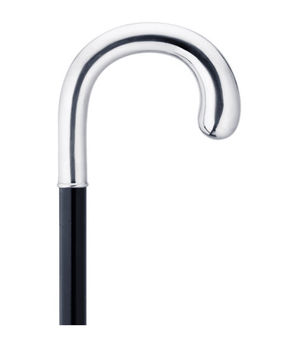 Men's Sterling Silver Crook Shape Handle Walking Cane On Genuine Ebony Shaft - Canes Galore