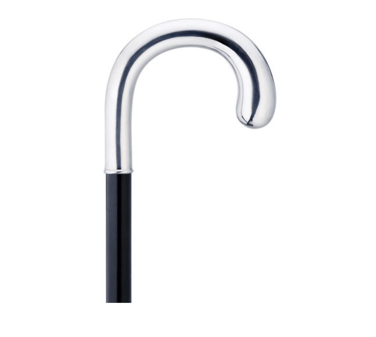 Men's Sterling Silver Crook Shape Handle Walking Cane On Genuine Ebony Shaft - Canes Galore
