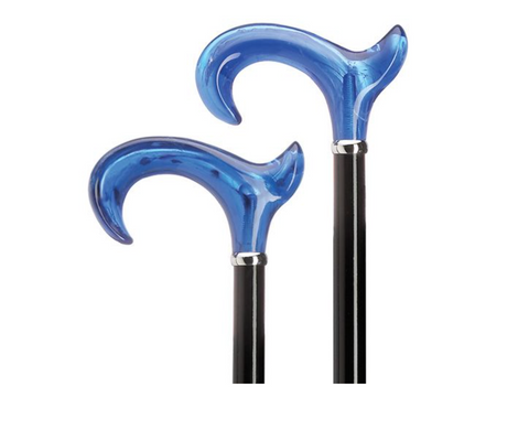 'Titanic Blue' acrylic RIGHT handle walking cane, black wood shaft 36