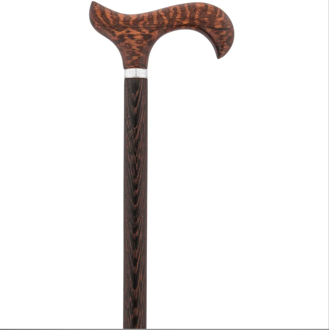Derby Walking Cane W/ Genuine Snakewood Handle & Wenge Shaft W/ Silver Collar