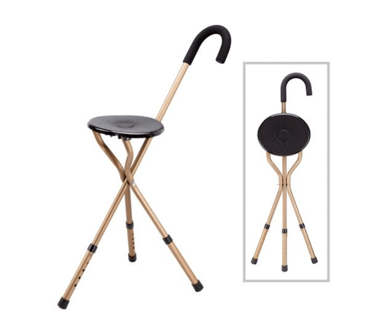 Adjustable Bronze Tripod Seat Cane with Crook Handle