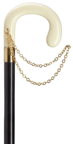 Ladies Crook Walking Cane with Gold Chain, White Ivory 36