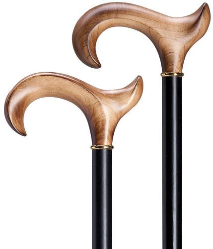 Ladies Scorched Maple Wood ergonomic RIGHT Walking Cane, black wood shaft 36" - Canes Galore