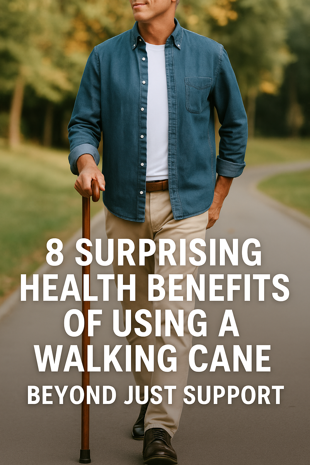 Person confidently walking outdoors with a stylish wooden cane, demonstrating improved posture, balance, and mobility — symbolizing the health and lifestyle benefits of using a walking cane.