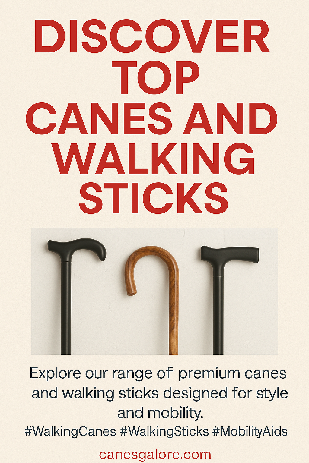 A stylish graphic displaying three stylish walking canes below bold red text that reads “Discover Top Canes and Walking Sticks,” with a message promoting Canes Galore’s premium mobility products.