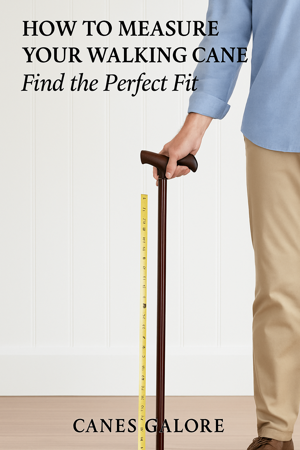 Instructional photo showing how to properly measure a walking cane for the correct height, with a person standing upright, holding a cane next to a yellow measuring tape, demonstrating wrist-level alignment.