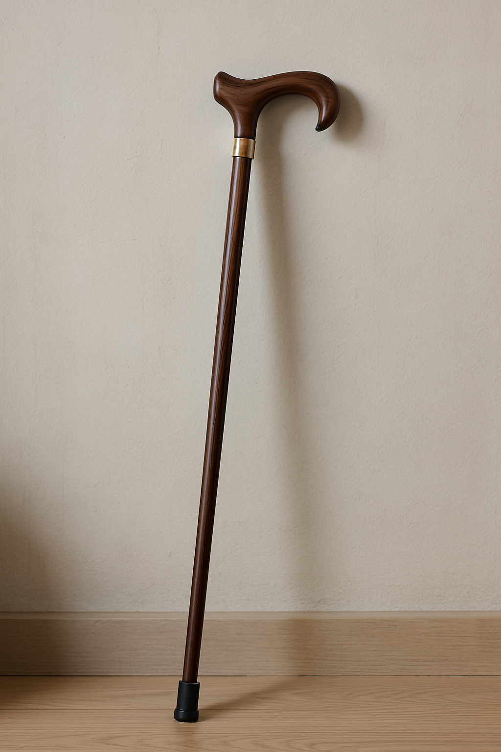 tylish wooden walking cane, leaning up against a wall showcasing its elegant design and functionality.