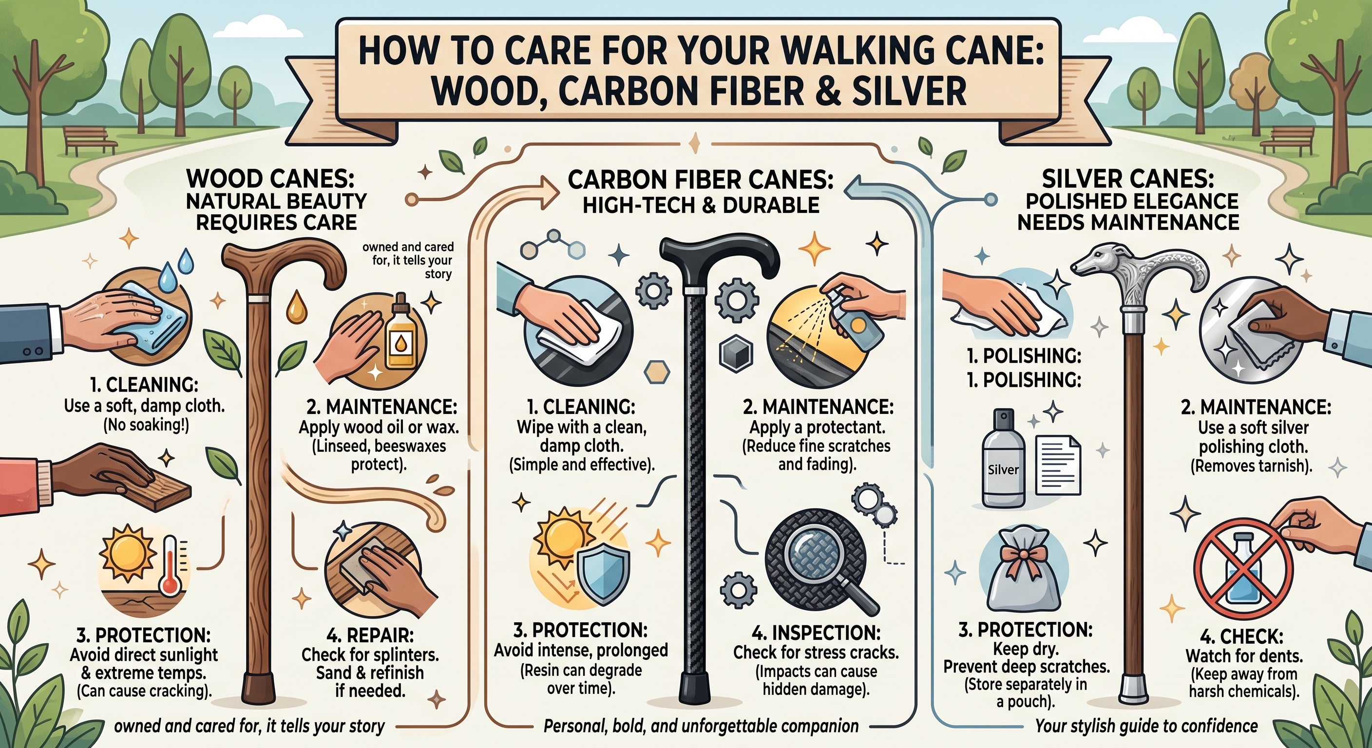 How to Care for Your Walking Cane: Wood, Carbon Fiber & Silver