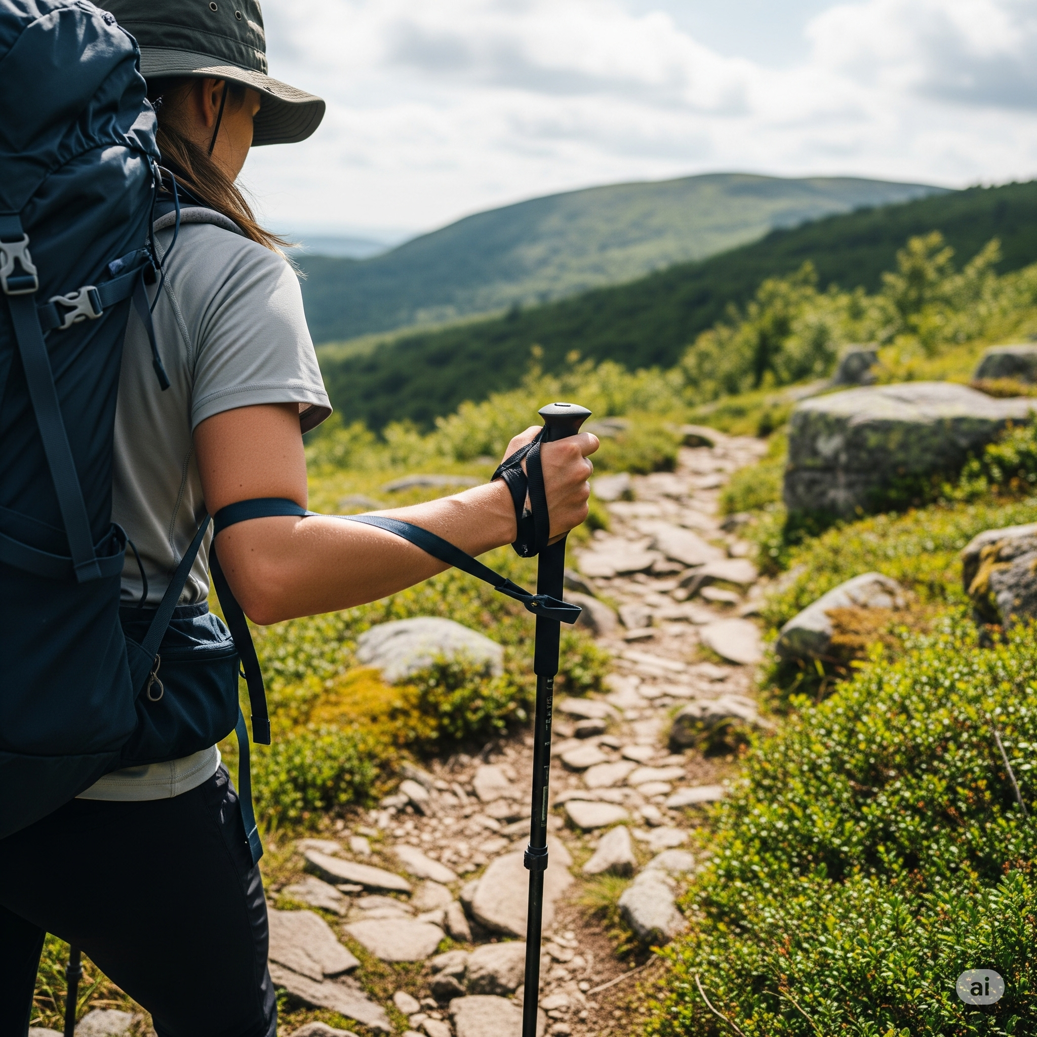 A hiker with a backpack on a rocky, green trail using hiking poles with proper hand and wrist strap technique.