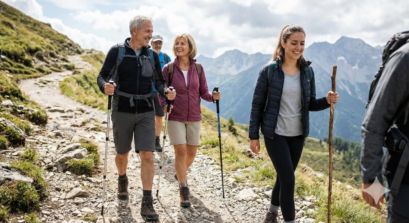 hiker using two carbon fiber walking sticks while navigating a rocky mountain trail at sunset.