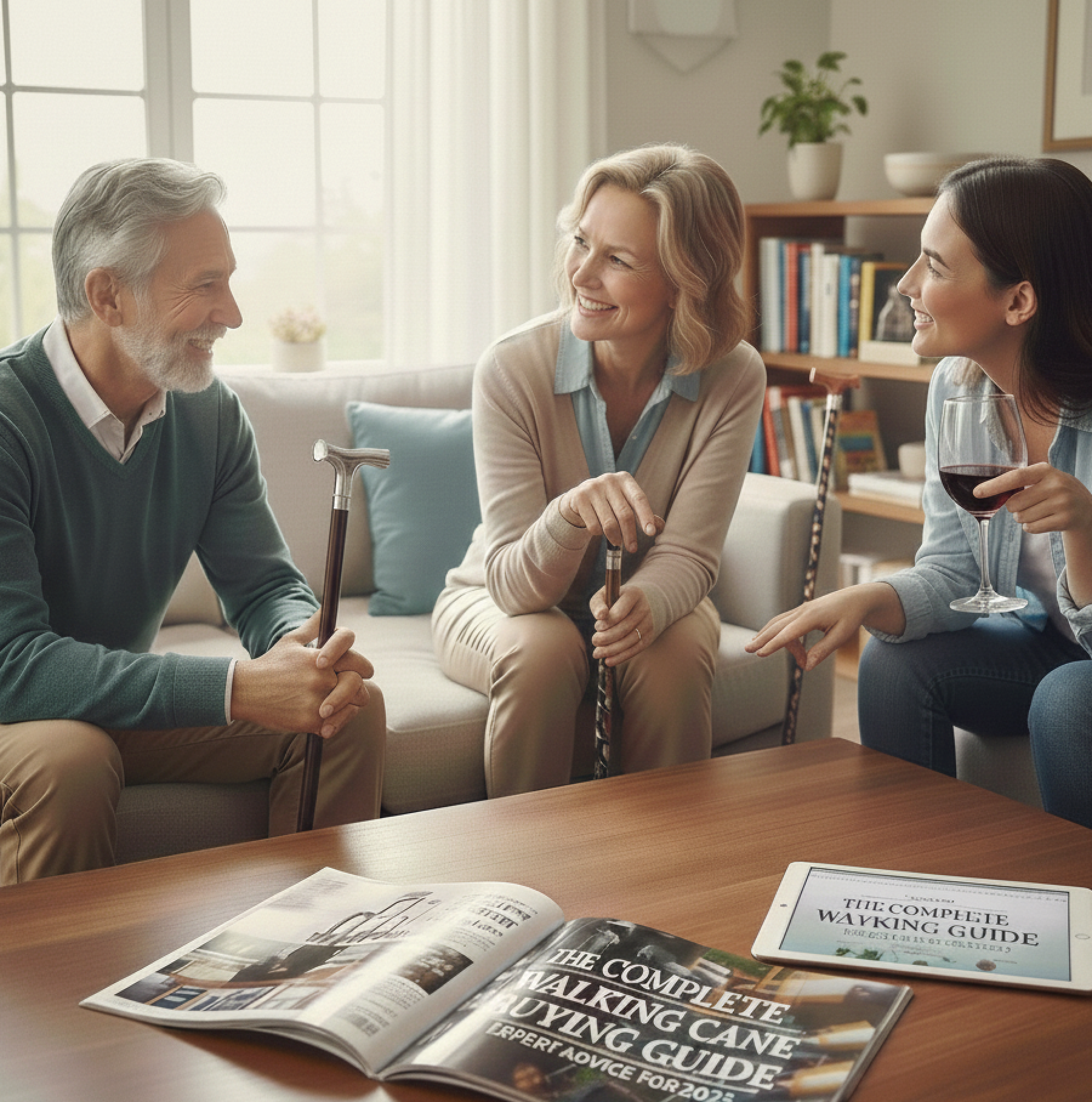 A diverse group of people (two older adults and one younger woman) happily discussing walking canes