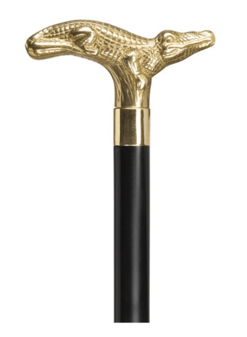 ALLIGATOR Brass Handle Walking Cane on Black Shaft 36" - Canes Galore