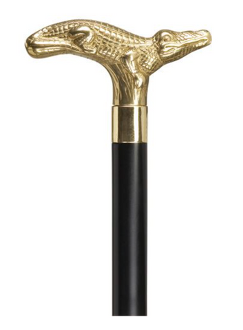 ALLIGATOR Brass Handle Walking Cane on Black Shaft 36