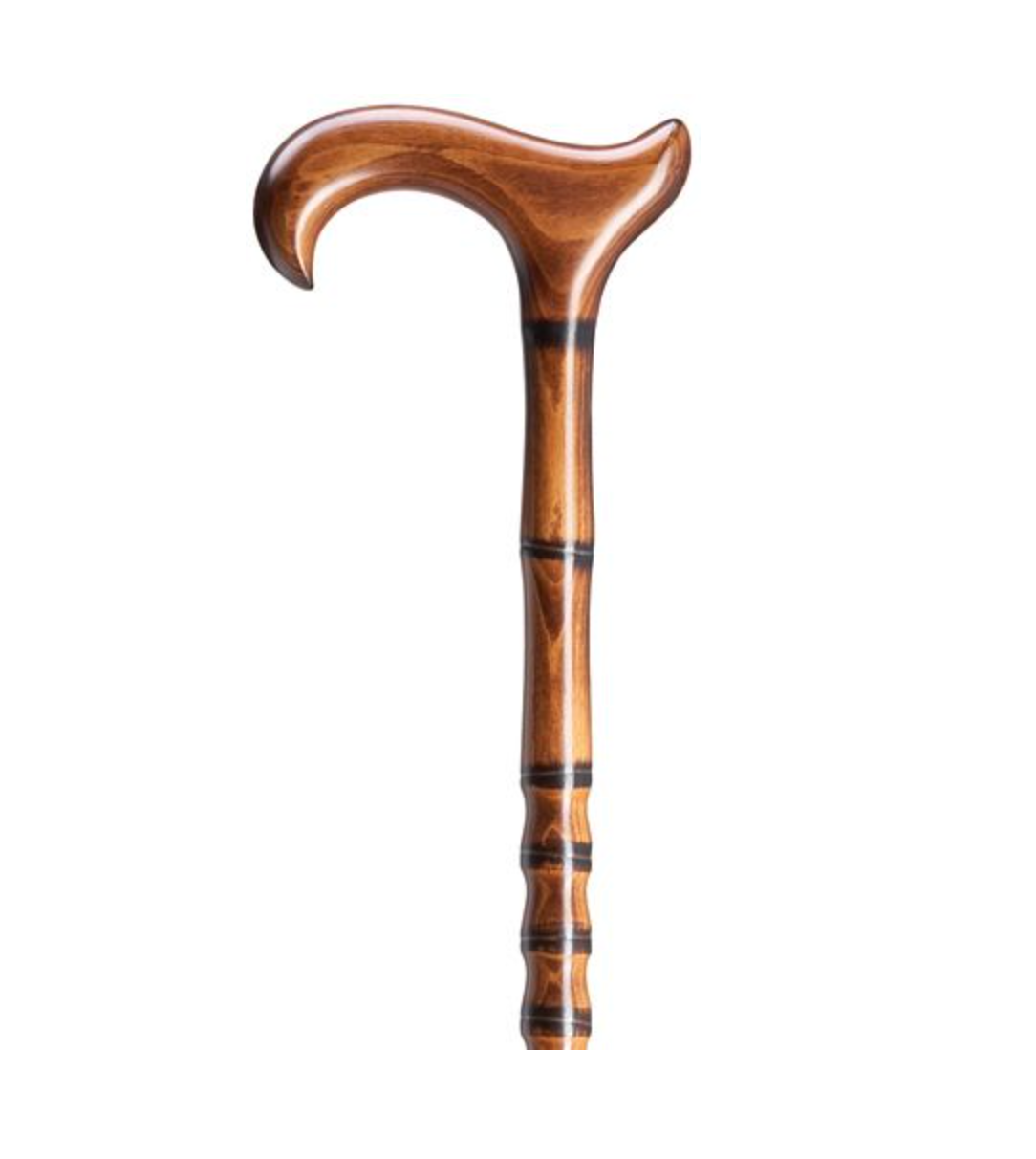 A 42-inch extra wide derby walking cane for tall men, made of hardwood with a rich Jambis wood finish and a rubber tip for traction and support.