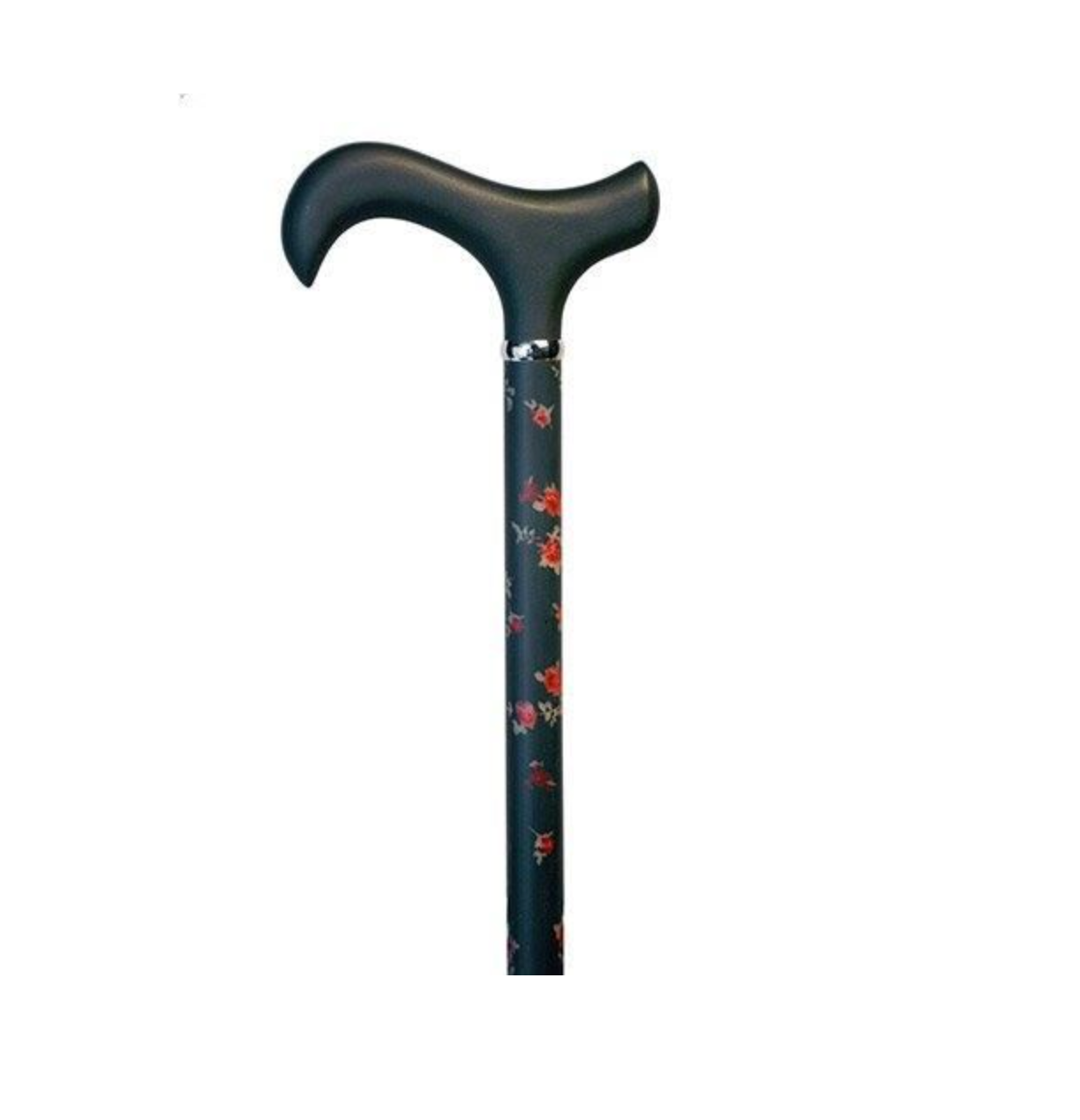 Adjustable carbon fiber walking cane featuring a midnight rose floral pattern, derby-style handle, and rubber tip—lightweight and supports up to 300 lbs.