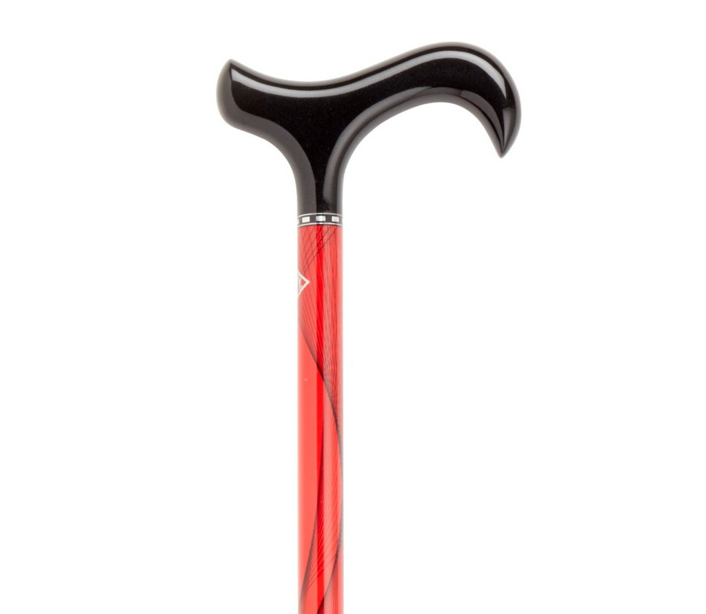 Rally Sport Red carbon fiber walking cane with derby handle. Adjustable 31-37 inches, ultralight under 8 oz. Bold style meets everyday confidence. Shop at Canes Galore.
