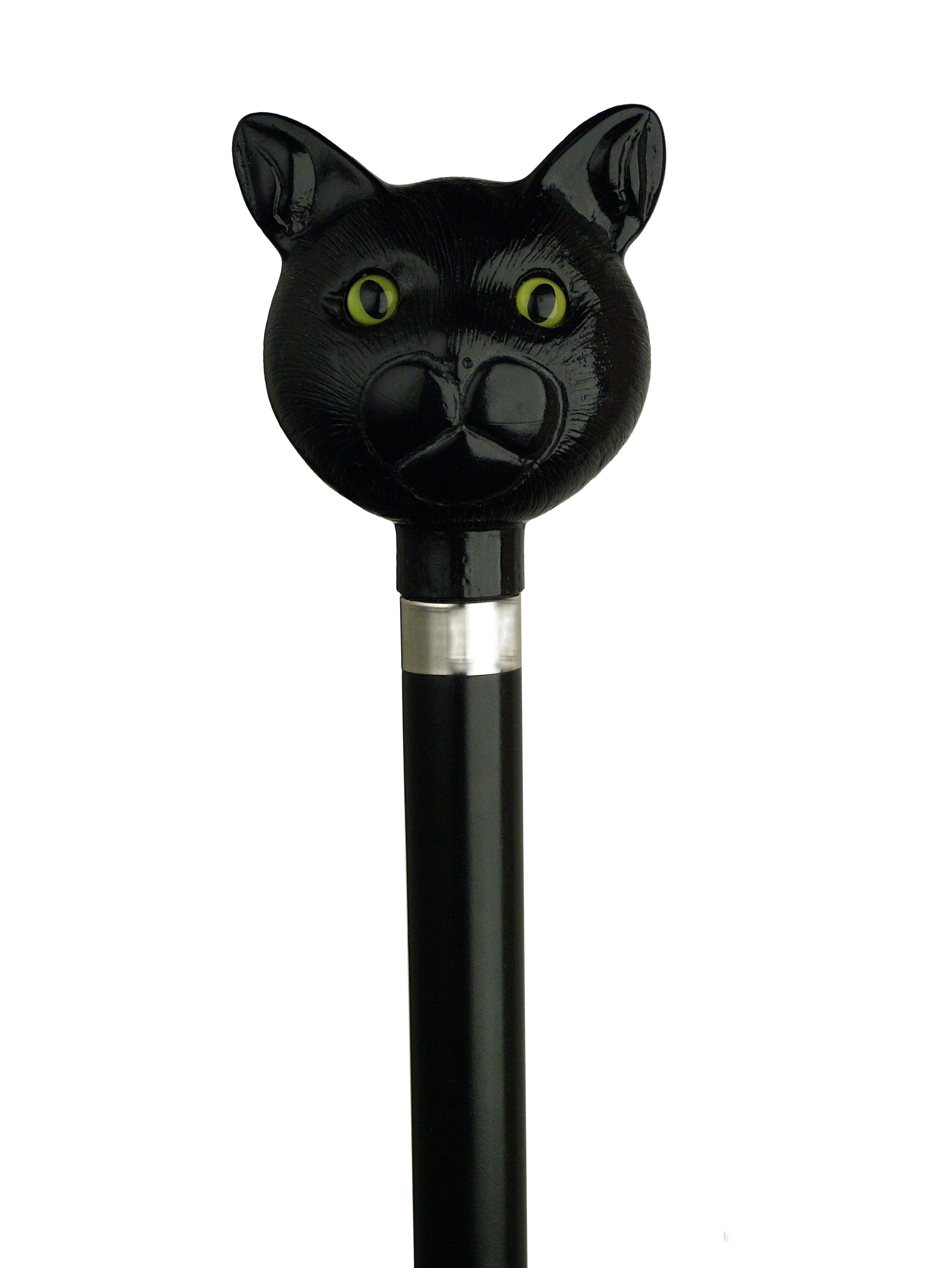 Black Cat Walking Cane on Black Hardwood shaft w/silver collar, 36" - Canes Galore