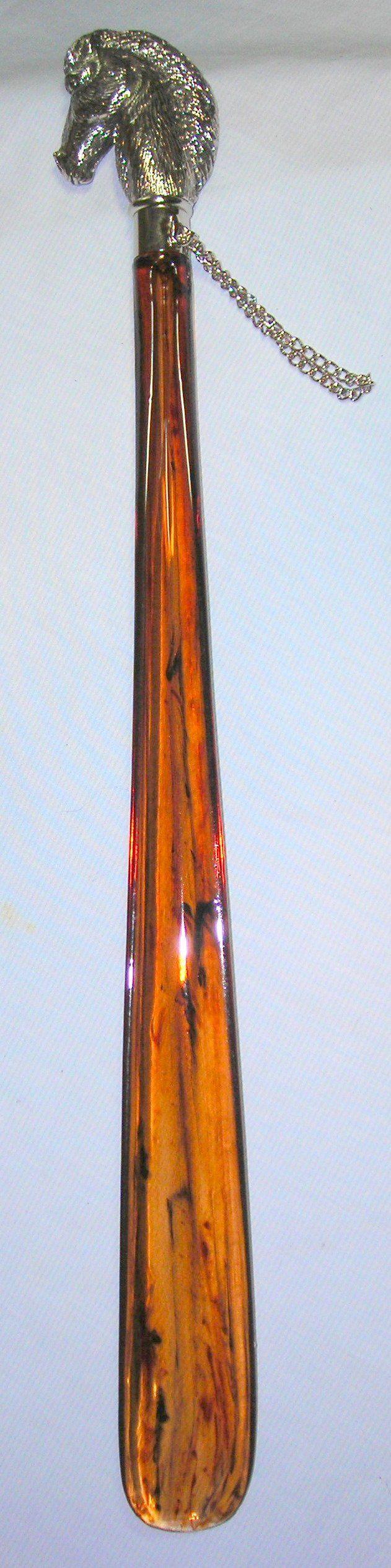 Silver Nickle Stallion, 17" Tortoiseshell Shoe Horn, 21" total - Canes Galore