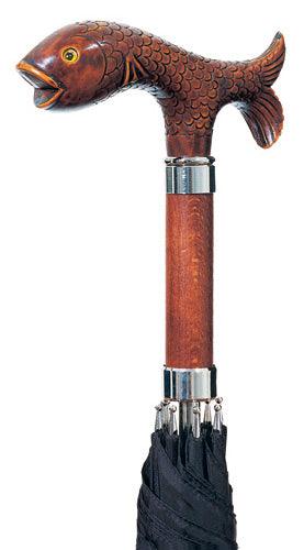 TROUT fish brown molded handle, black umbrella 36" - Canes Galore
