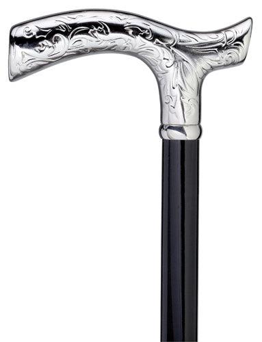 Embossed Chrome Men's Fritz walking cane, shiny black wood shaft 36" - Canes Galore