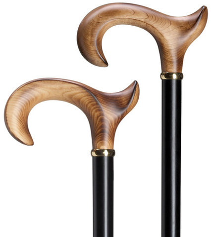 Scorched Maple Wood men's ergonomic RIGHT walking cane, black wood shaft 36