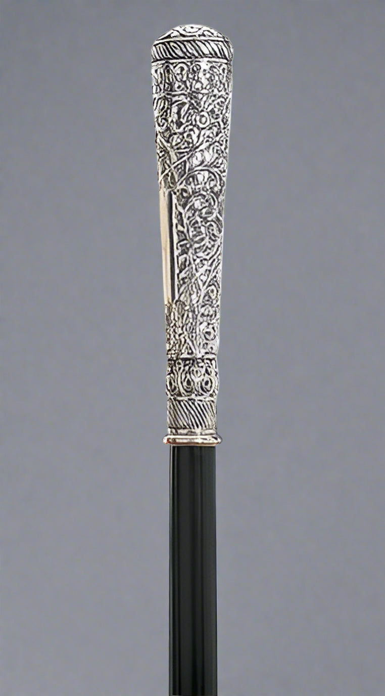 Edwardian 925 sterling silver knob walking cane with black shaft, 36" – elegant vintage-style cane for men and collectors at Canes Galore.