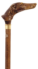 Greyhound Dog walking cane, molded handle, brown wood 36