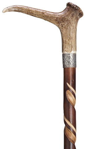 Spiral Carved Stag Horn Handle Walking Stick, Silver Collar 42