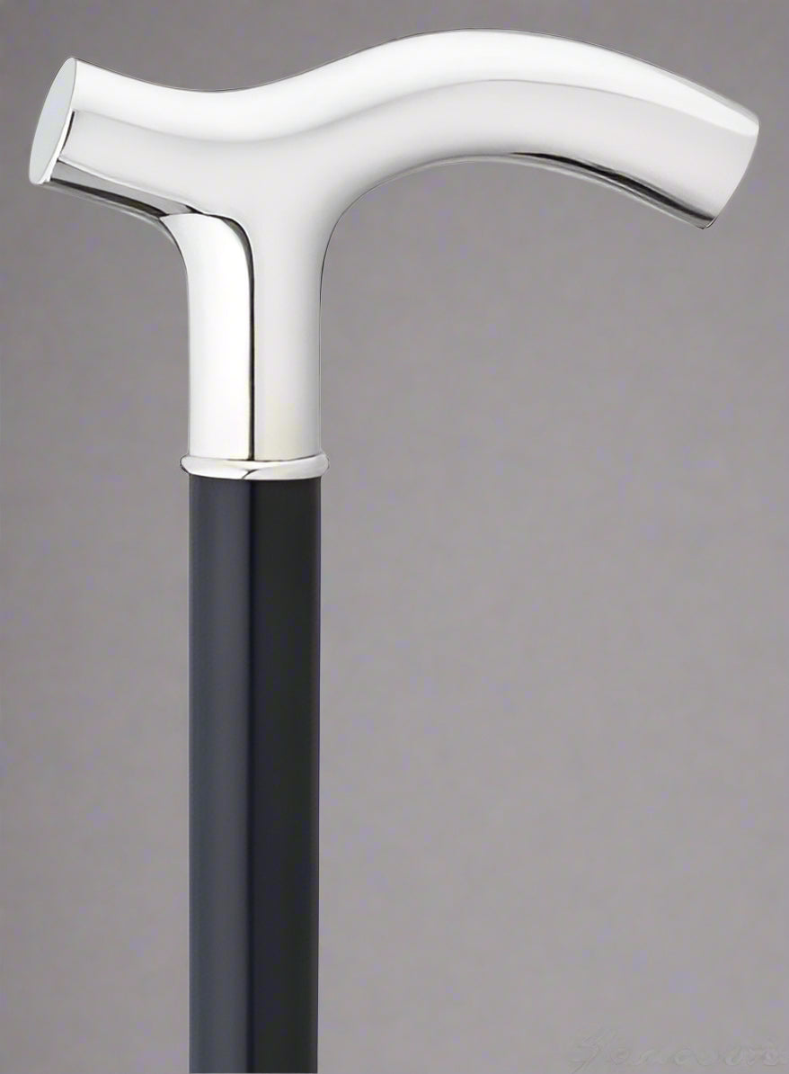 Elegant ladies’ walking cane with a Fritz/Derby-style alpacca handle on a sleek black maple shaft, 36-inch length by Canes Galore.
