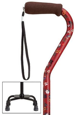 Fuschia Red Flowers Quad Walking Cane, small base, 30-39