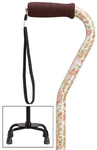 Pink Floral Quad Walking Cane, Small base, 30-39" - Canes Galore