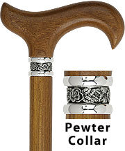 Afromosia Wood Derby Walking Cane | Pewter Collar, 37.5" - Canes Galore