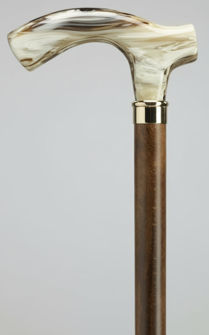 Brown marbleized acrylic Fritz handle walking cane with walnut stained shaft and gold collar