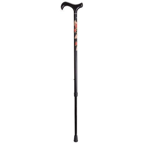 Carbon Fiber Walking Stick  - Black with Red Rose Design