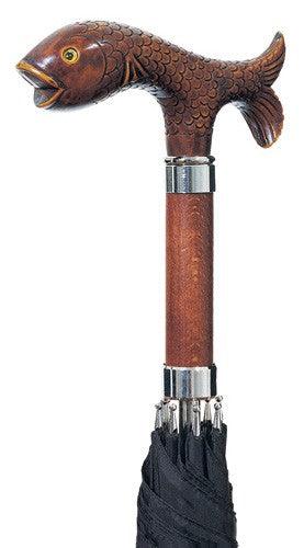 TROUT fish brown molded handle, black umbrella 36" - Canes Galore