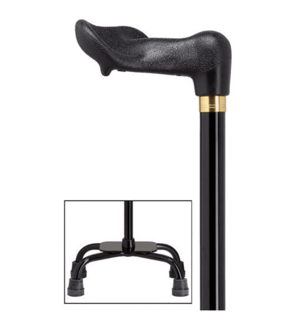Left Palm Grip Walking Cane Small Quad Base Black - Canes Galore
