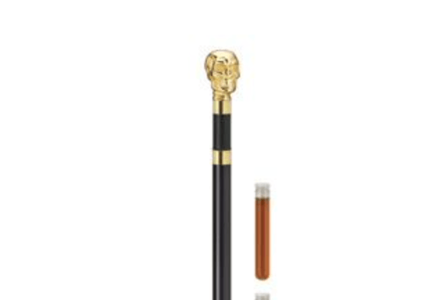 SKULL Brass on straight brandy bottle walking cane 36" - Canes Galore