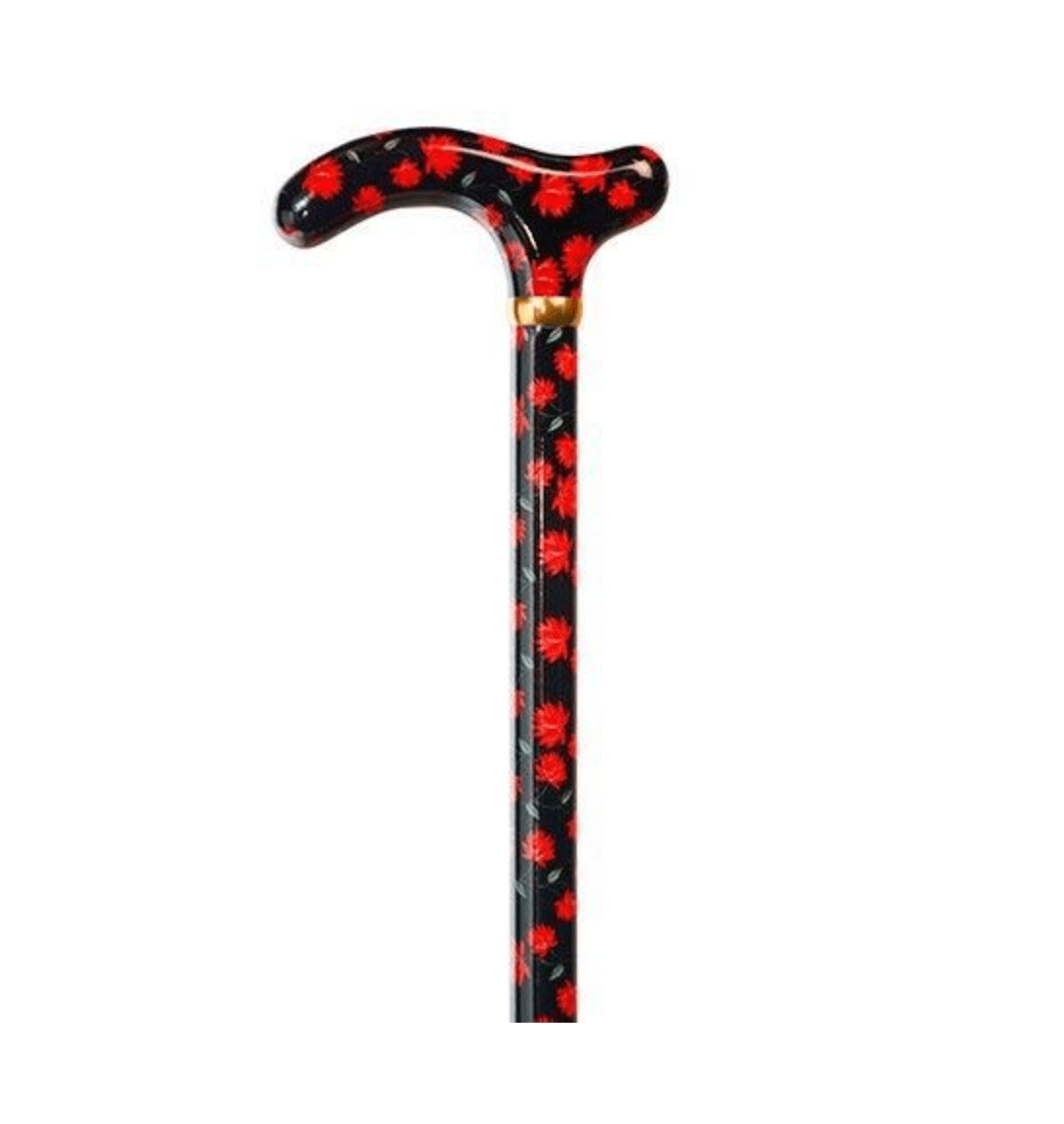 Ladies Fritz Handle Walking Cane, Black Flower With Gold Ring