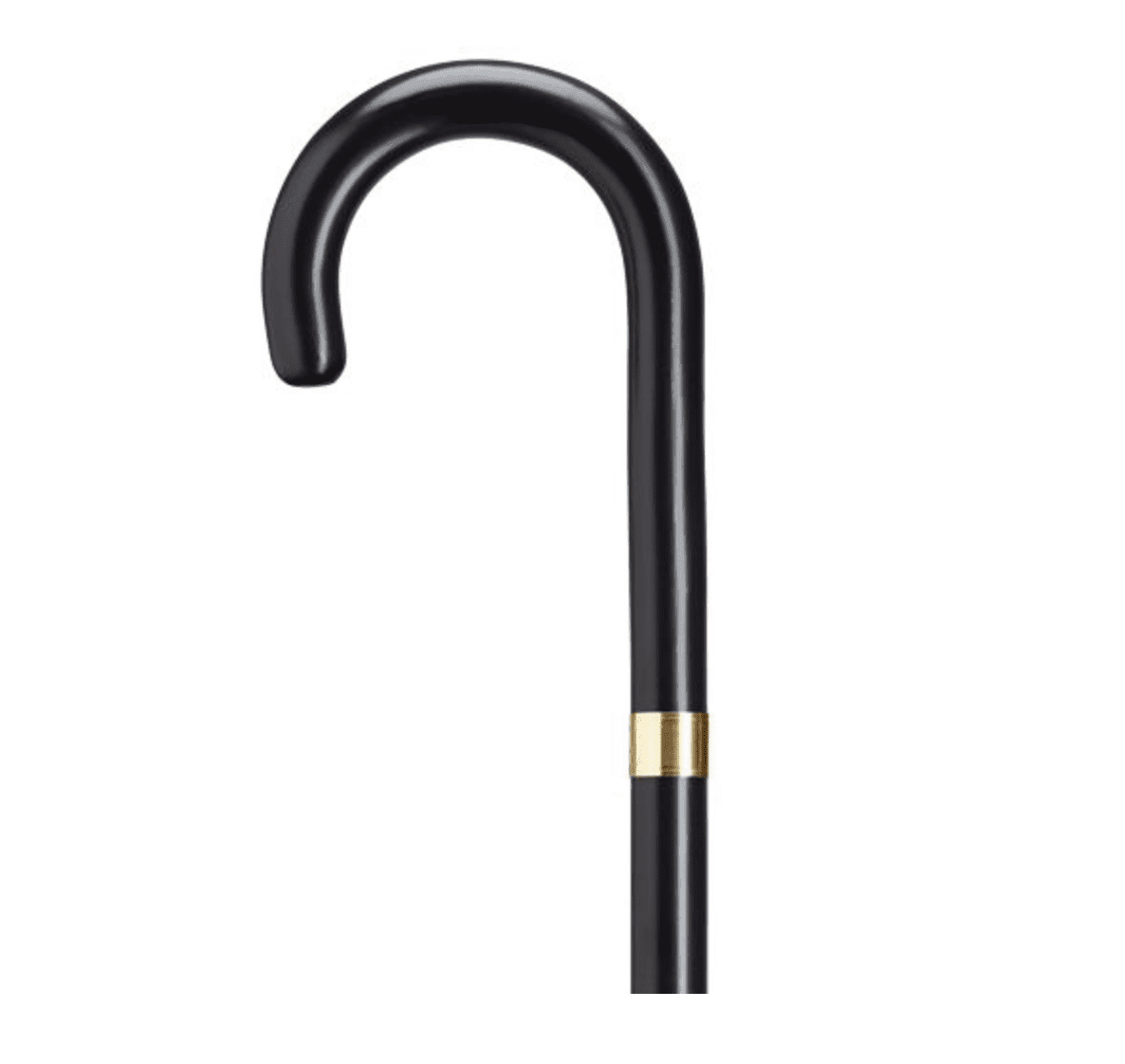 Round Nose Crook Walking Cane - 1" Black, 14kt Gold Band 36" - Canes Galore