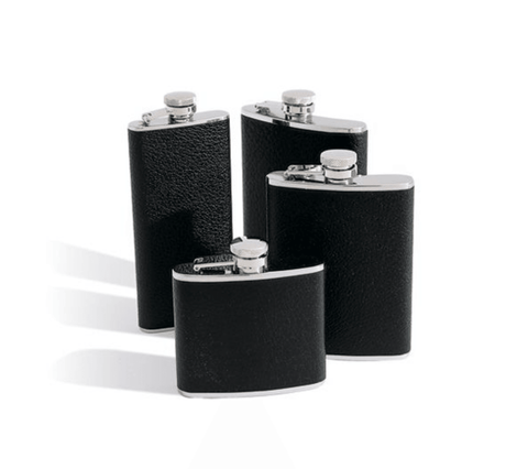 Elegant Black Buffalo Leather-Wrapped Stainless Steel Flask with Bayonet Top 4 Oz