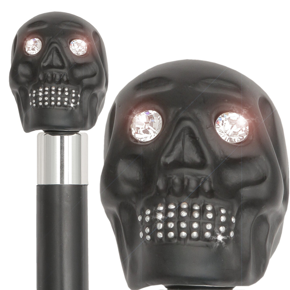 BLACK SKULL, SWAROVSKI CRYSTAL EYES & TEETH, BLACK SHAFT 36" - Canes Galore