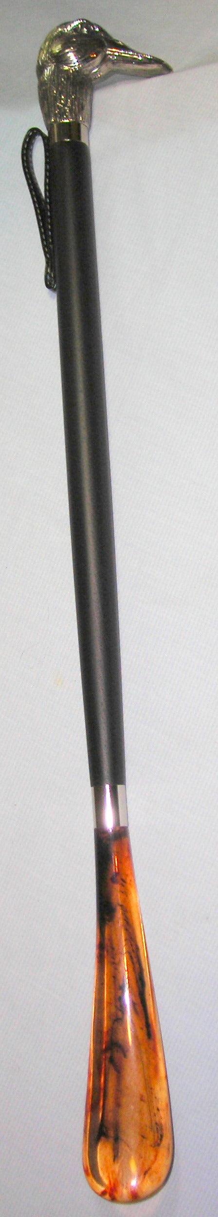 Silver Nickle Duck Head, Black Wood, Tortoiseshell Shoe Horn 22" - Canes Galore