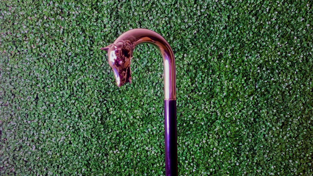 Alpacca Wolf Dog Walking Cane with dark shadows finish and 36-inch black maple shaft from Canes Galore